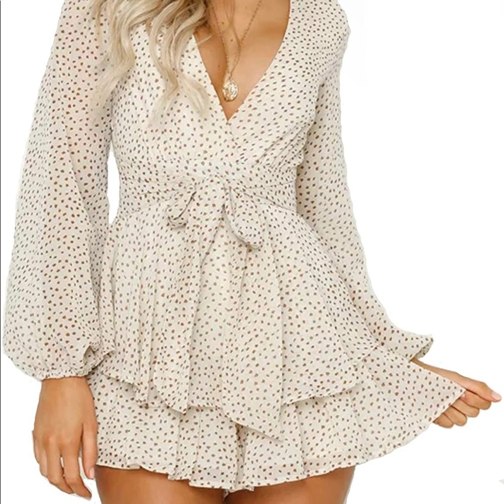 Relipop Women's Polka Dot Jumpsuits Deep V-Neck Long Sleeve Ruffle Floral Romper
